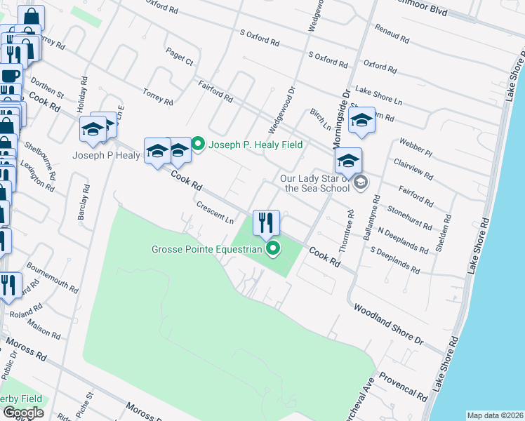map of restaurants, bars, coffee shops, grocery stores, and more near 19805 Edshire Lane in Grosse Pointe Woods
