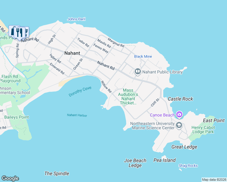 map of restaurants, bars, coffee shops, grocery stores, and more near 152 Willow Road in Nahant