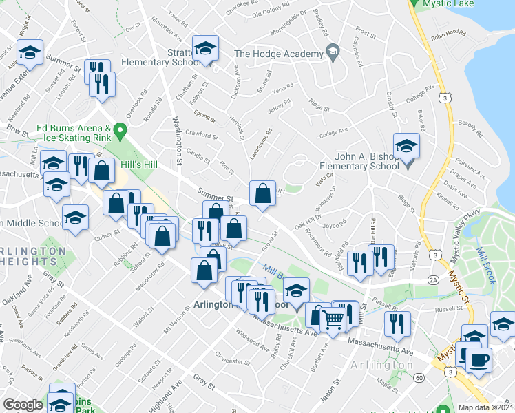 map of restaurants, bars, coffee shops, grocery stores, and more near 1 Hospital Road in Arlington