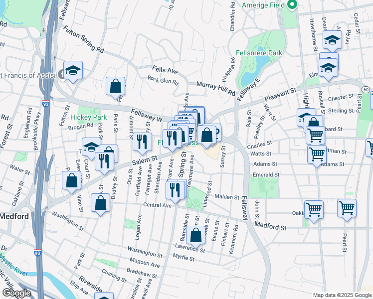 map of restaurants, bars, coffee shops, grocery stores, and more near 463 Salem Street in Medford
