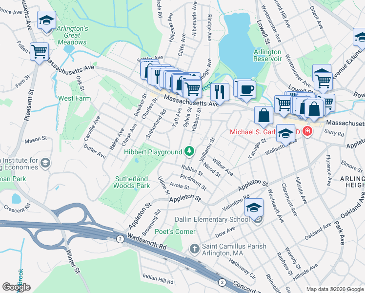 map of restaurants, bars, coffee shops, grocery stores, and more near 95 Sylvia Street in Arlington