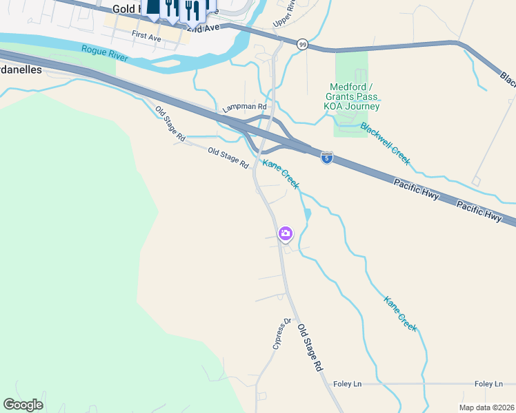 map of restaurants, bars, coffee shops, grocery stores, and more near 9575 Old Stage Road in Central Point