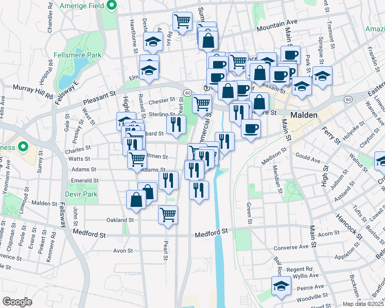 map of restaurants, bars, coffee shops, grocery stores, and more near 226 Charles Street in Malden