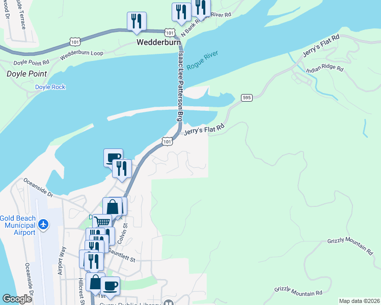 map of restaurants, bars, coffee shops, grocery stores, and more near 94414 Tom Cat Hill Road in Gold Beach