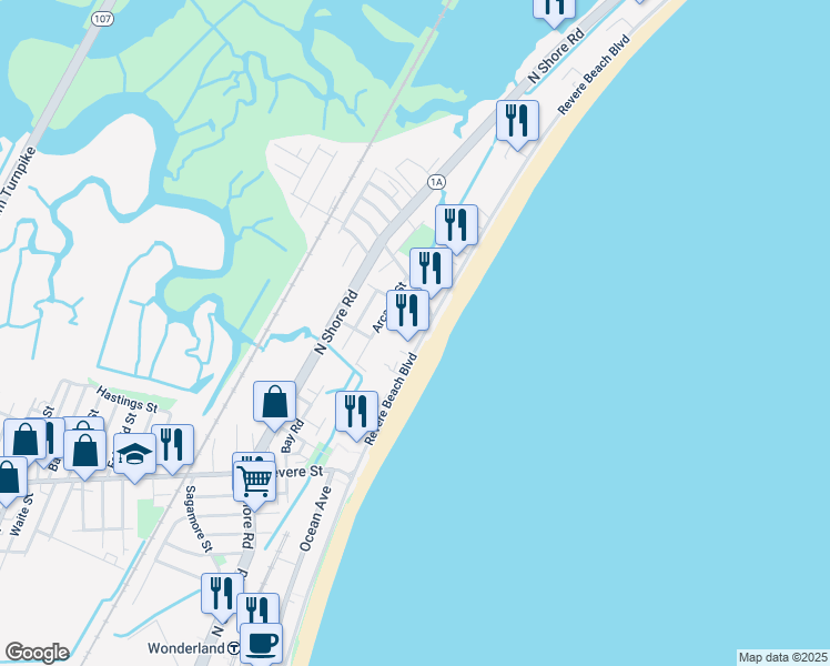 map of restaurants, bars, coffee shops, grocery stores, and more near 390 Revere Beach Boulevard in Revere
