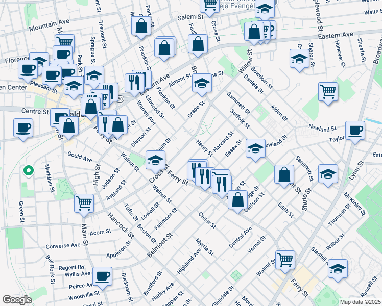 map of restaurants, bars, coffee shops, grocery stores, and more near 259 Cross Street in Malden