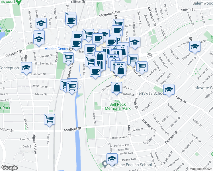 map of restaurants, bars, coffee shops, grocery stores, and more near 27 Madison Street in Malden
