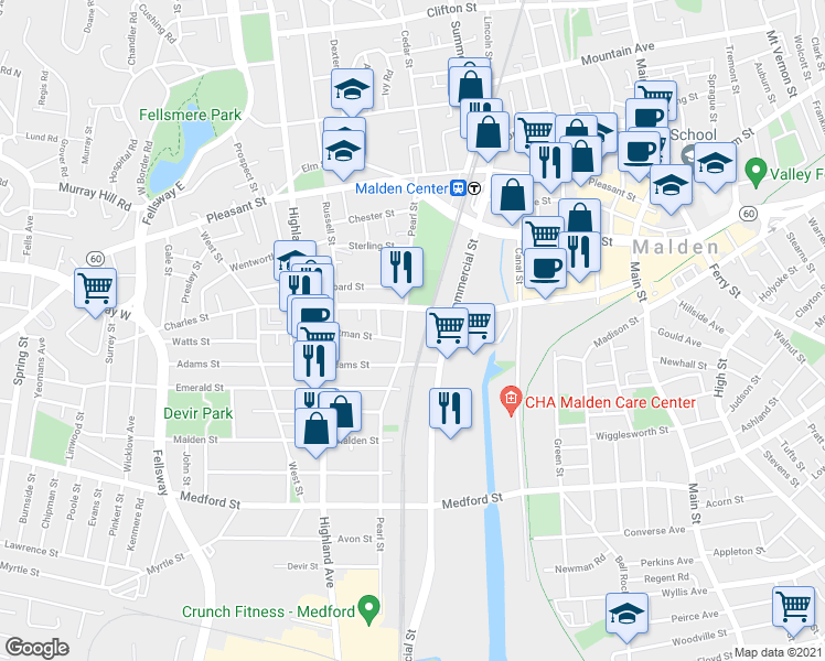 map of restaurants, bars, coffee shops, grocery stores, and more near 226 Charles Street in Malden