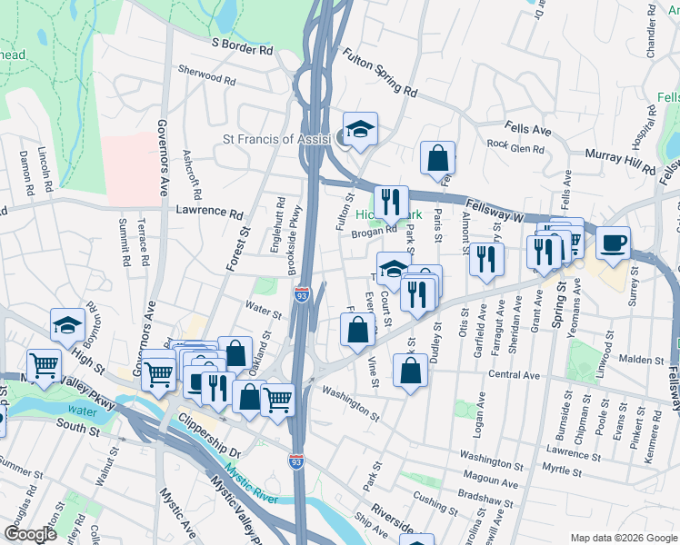 map of restaurants, bars, coffee shops, grocery stores, and more near 75 Fulton Street in Medford