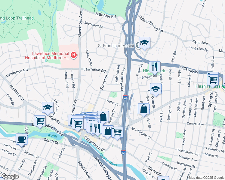 map of restaurants, bars, coffee shops, grocery stores, and more near 23 Woodrow Avenue in Medford