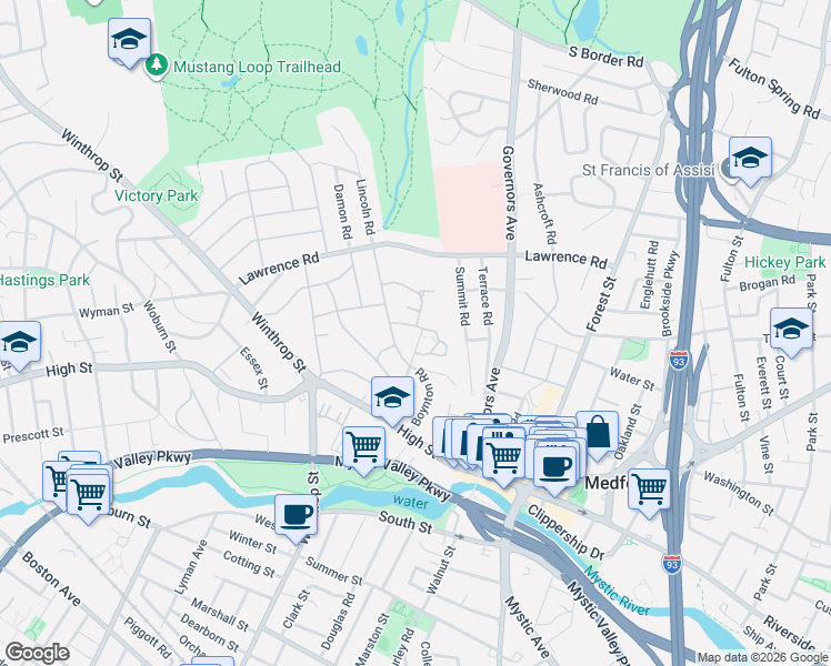 map of restaurants, bars, coffee shops, grocery stores, and more near 6 Powder House Terrace in Medford