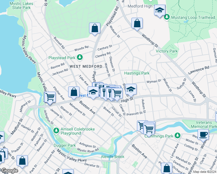 map of restaurants, bars, coffee shops, grocery stores, and more near 16 Usher Road in Medford