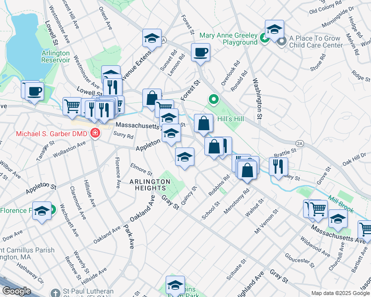 map of restaurants, bars, coffee shops, grocery stores, and more near 10 Burton Street in Arlington