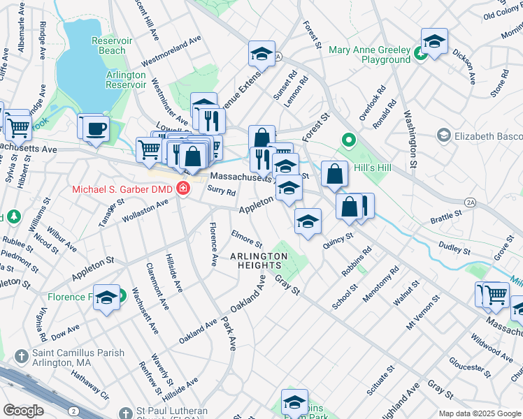 map of restaurants, bars, coffee shops, grocery stores, and more near 2 Harvard Street in Arlington
