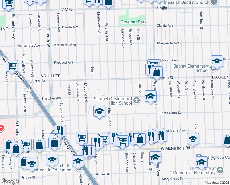 map of restaurants, bars, coffee shops, grocery stores, and more near 18046 Mendota Street in Detroit