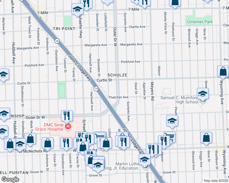 map of restaurants, bars, coffee shops, grocery stores, and more near 5551 Outer Drive West in Detroit