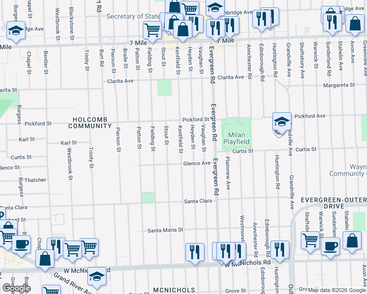 map of restaurants, bars, coffee shops, grocery stores, and more near 18204 Kentfield Street in Detroit