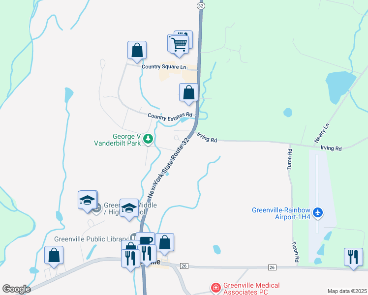 map of restaurants, bars, coffee shops, grocery stores, and more near 11388 New York 32 in Greenville