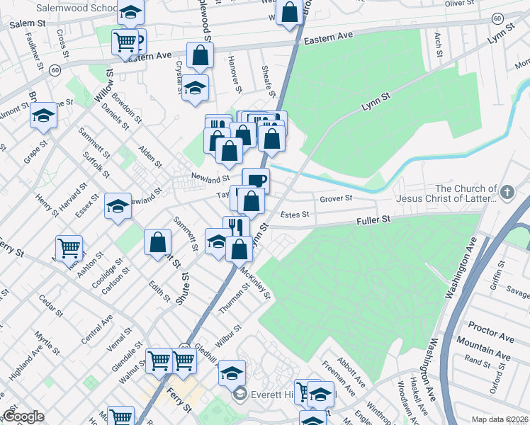 map of restaurants, bars, coffee shops, grocery stores, and more near 17 Estes Street in Everett