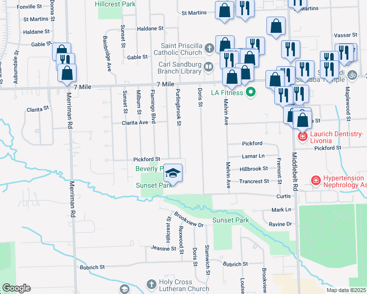 map of restaurants, bars, coffee shops, grocery stores, and more near 18687 Purlingbrook Street in Livonia