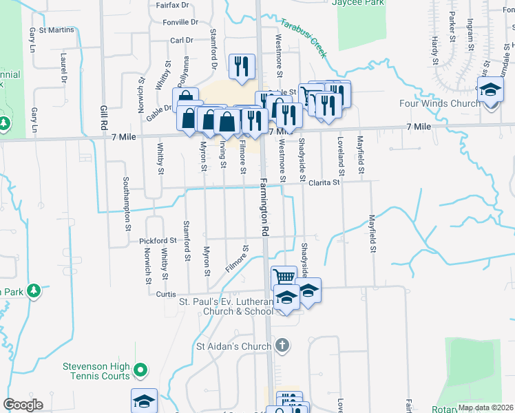 map of restaurants, bars, coffee shops, grocery stores, and more near 18770 Farmington Road in Livonia