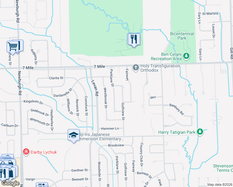 map of restaurants, bars, coffee shops, grocery stores, and more near 18693 Golfview Street in Livonia
