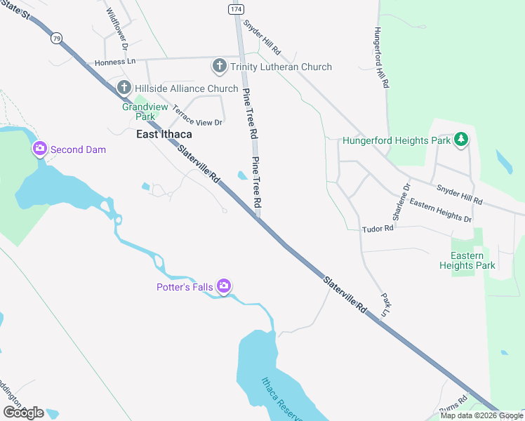 map of restaurants, bars, coffee shops, grocery stores, and more near 105 Pine Tree Road in Ithaca