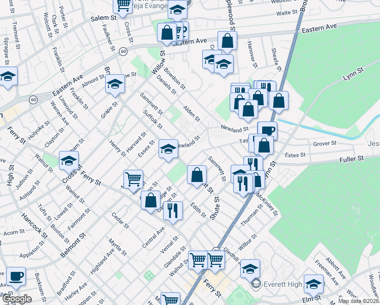 map of restaurants, bars, coffee shops, grocery stores, and more near 25 Albert Park in Everett