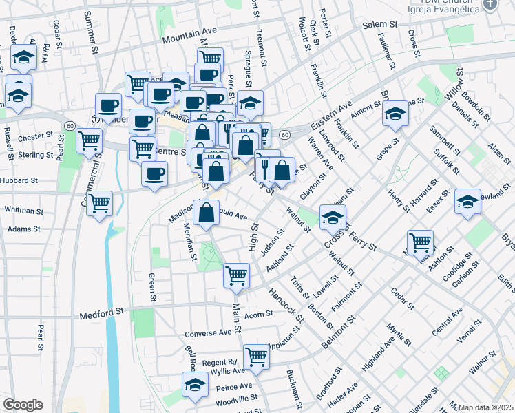 map of restaurants, bars, coffee shops, grocery stores, and more near 56 Hillside Avenue in Malden