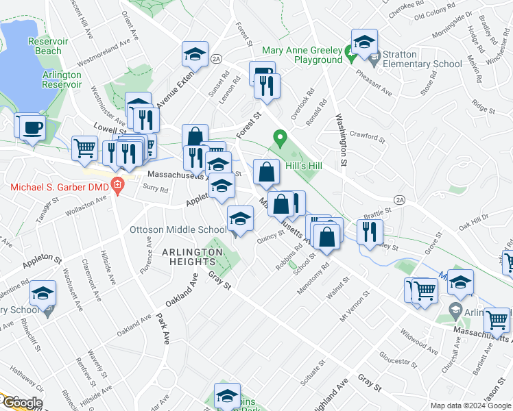 map of restaurants, bars, coffee shops, grocery stores, and more near 1160 Massachusetts Avenue in Arlington
