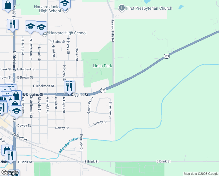 map of restaurants, bars, coffee shops, grocery stores, and more near 20616 Illinois 173 in Harvard