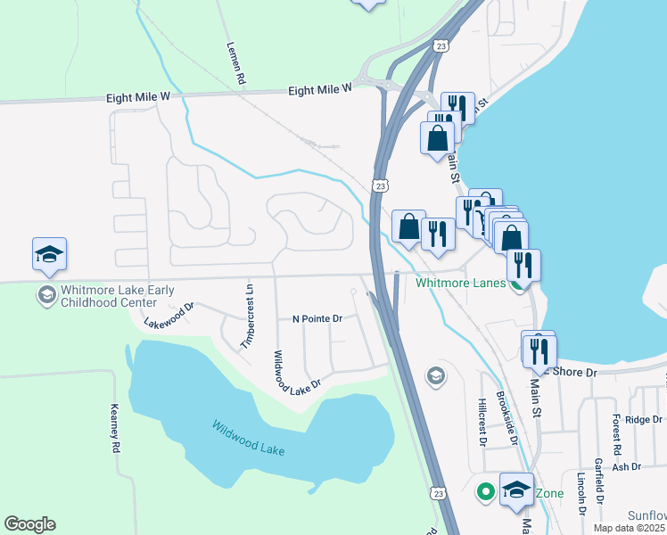 map of restaurants, bars, coffee shops, grocery stores, and more near 360 Barker Road in Whitmore Lake