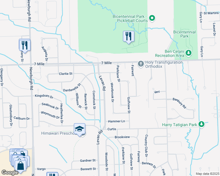 map of restaurants, bars, coffee shops, grocery stores, and more near 18690 Levan Road in Livonia