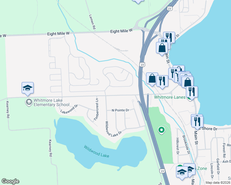 map of restaurants, bars, coffee shops, grocery stores, and more near 420 Barker Road in Whitmore Lake