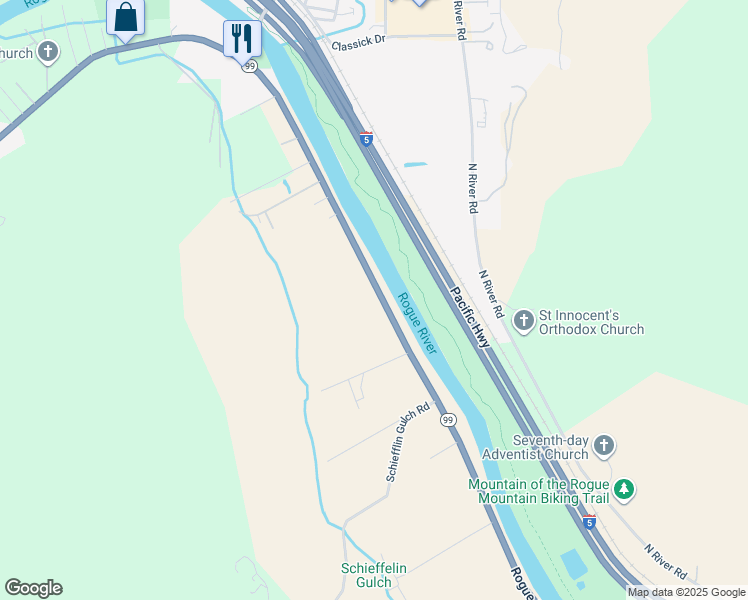 map of restaurants, bars, coffee shops, grocery stores, and more near 5173 Rogue River Highway in Gold Hill