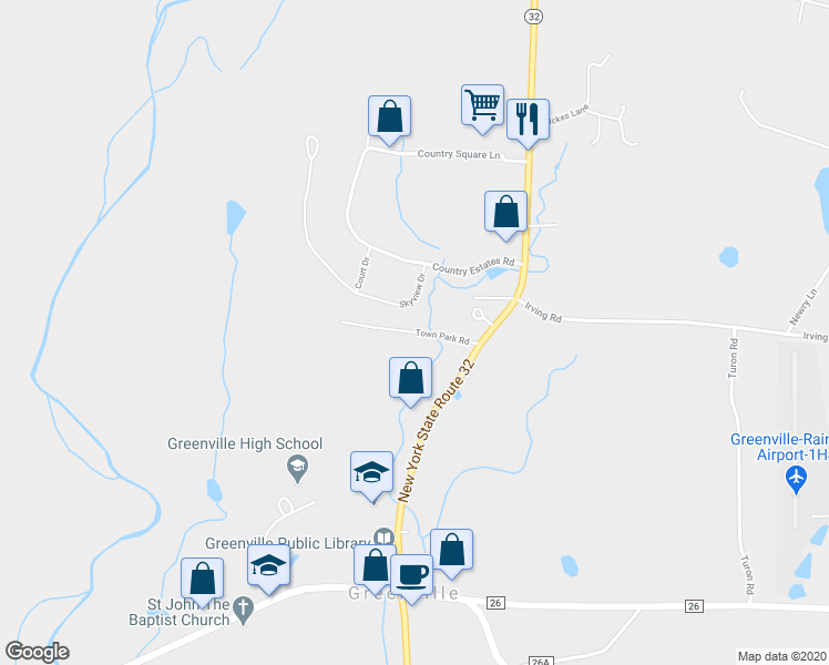 map of restaurants, bars, coffee shops, grocery stores, and more near Town Park Rd in Greenville