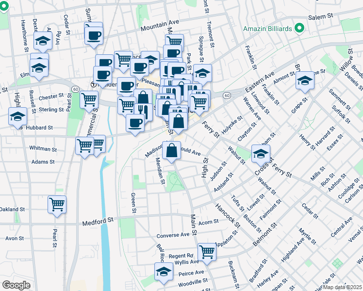map of restaurants, bars, coffee shops, grocery stores, and more near 237 Main Street in Malden