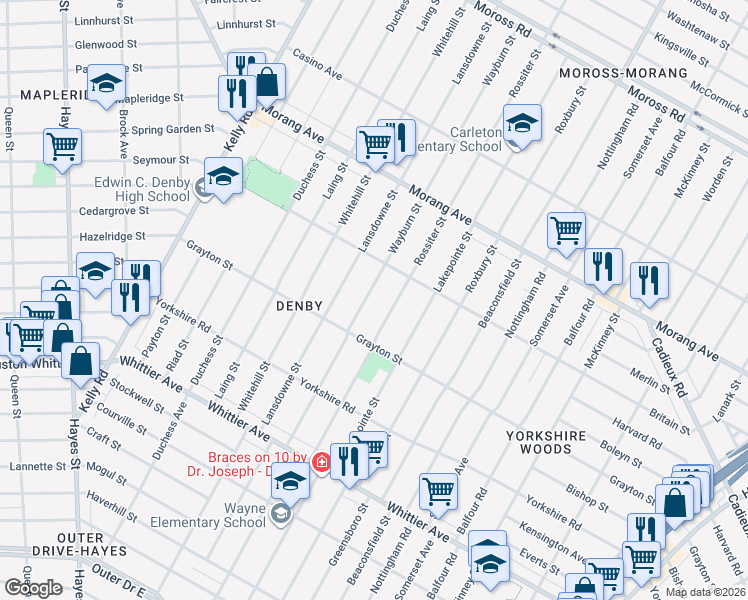 map of restaurants, bars, coffee shops, grocery stores, and more near 11421 Rossiter Street in Detroit