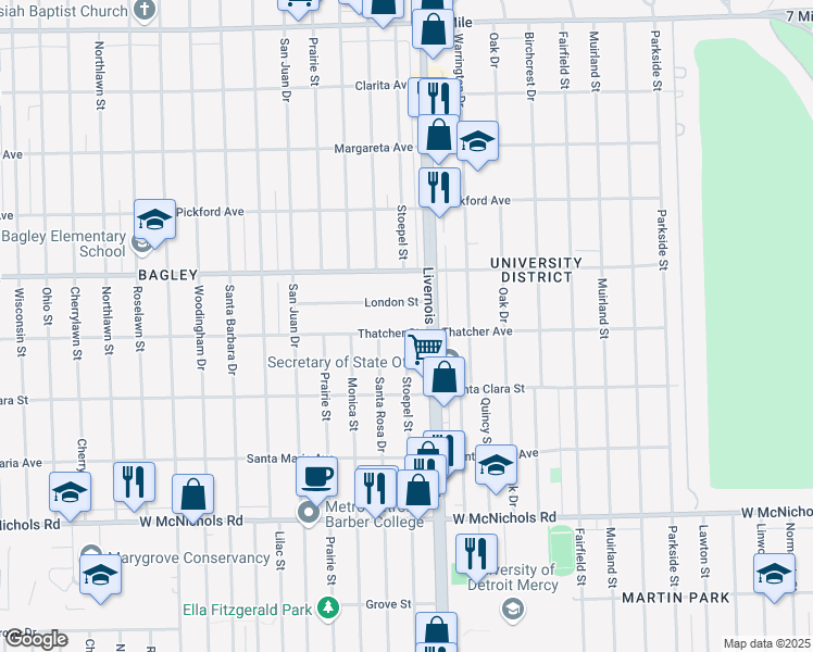map of restaurants, bars, coffee shops, grocery stores, and more near 6998 Thatcher Street in Detroit