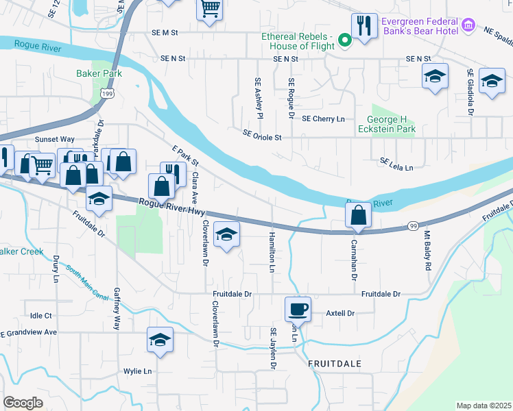 map of restaurants, bars, coffee shops, grocery stores, and more near 1329 East Park Street in Grants Pass