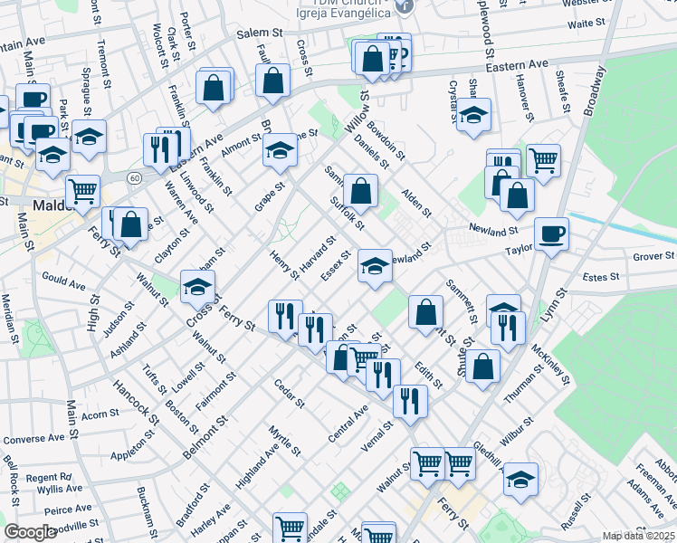 map of restaurants, bars, coffee shops, grocery stores, and more near 150 Essex Street in Malden