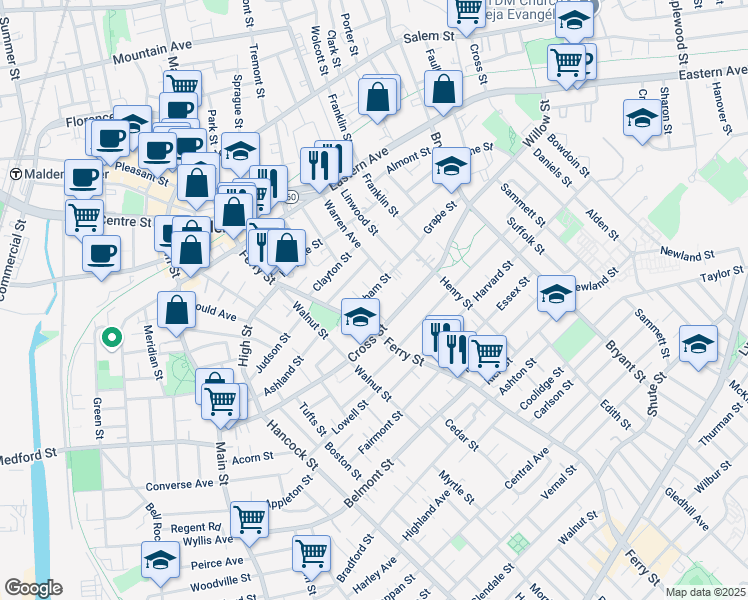 map of restaurants, bars, coffee shops, grocery stores, and more near 20 Upham Street in Malden