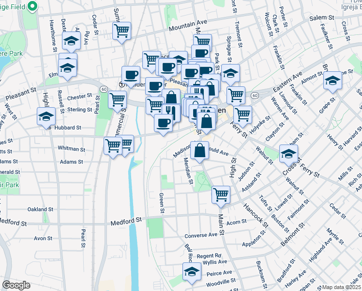 map of restaurants, bars, coffee shops, grocery stores, and more near 27 Madison Street in Malden