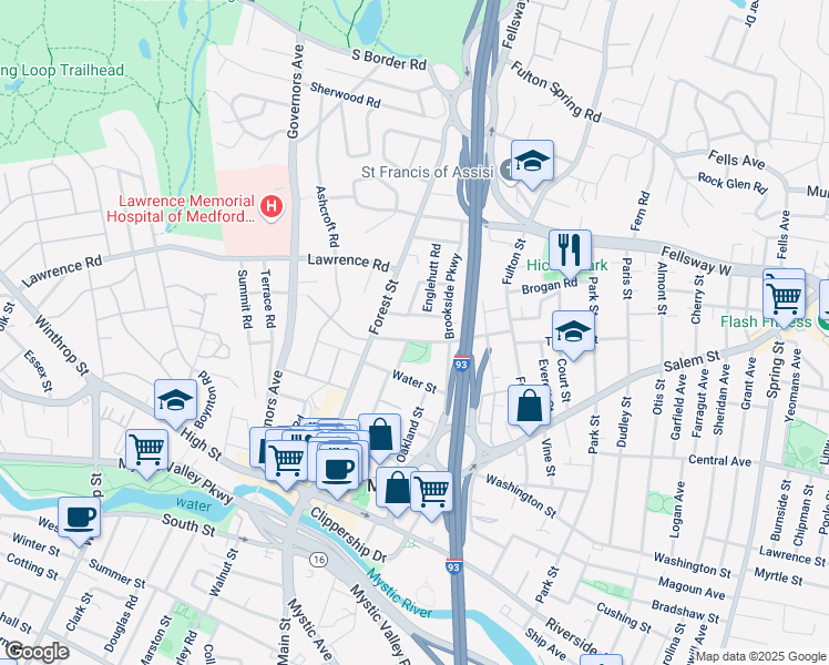 map of restaurants, bars, coffee shops, grocery stores, and more near 23 Woodrow Avenue in Medford