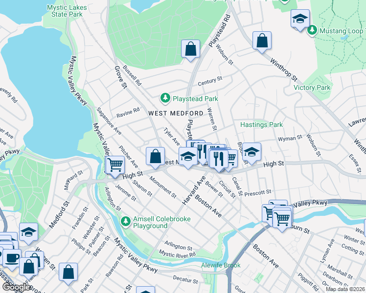 map of restaurants, bars, coffee shops, grocery stores, and more near 30 Tyler Avenue in Medford