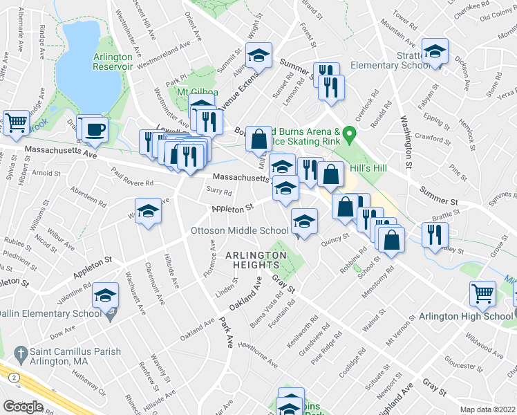 map of restaurants, bars, coffee shops, grocery stores, and more near 2 Harvard Street in Arlington