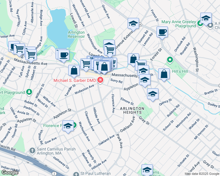 map of restaurants, bars, coffee shops, grocery stores, and more near 28 Paul Revere Road in Arlington