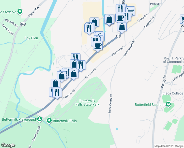 map of restaurants, bars, coffee shops, grocery stores, and more near 601 Spencer Road in Ithaca