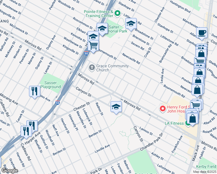 map of restaurants, bars, coffee shops, grocery stores, and more near 21207 Moross Road in Detroit
