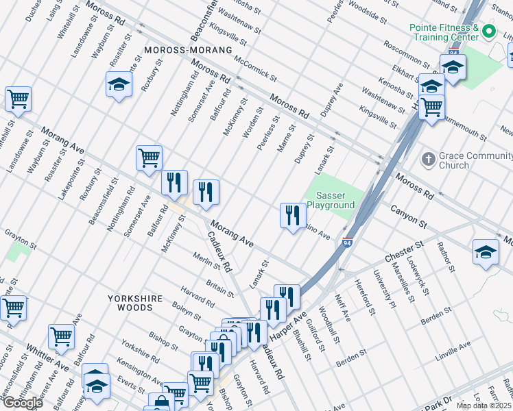 map of restaurants, bars, coffee shops, grocery stores, and more near 10603 Duprey Street in Detroit